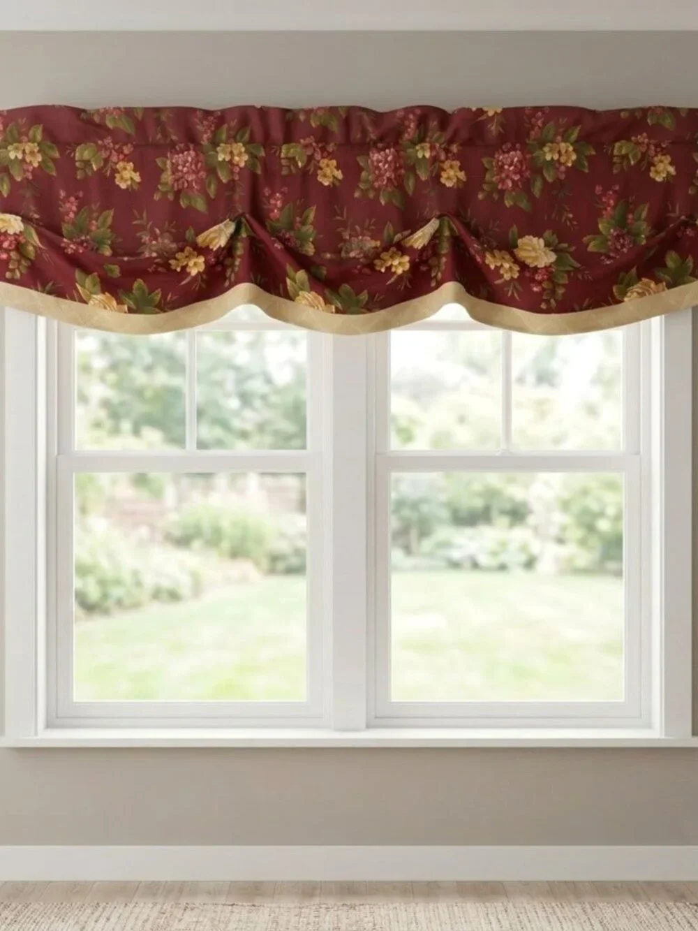 SET OF 3 Vintage Waverly Floral Manor Curtain Valances Dark Red Yellow Layered
